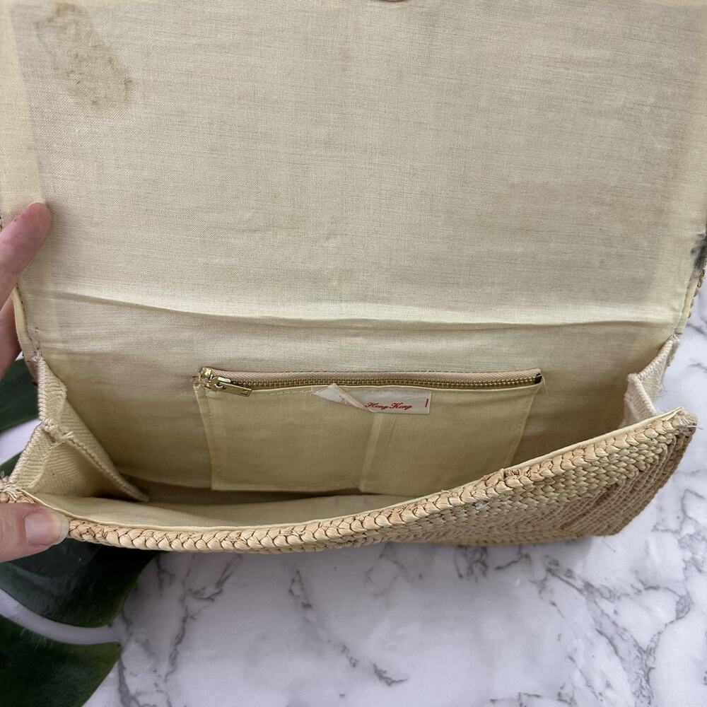 Vintage 70s Woven Straw Grass Clutch Purse Bag Boho Tropical Raffia Hong Kong - Picture 6 of 7